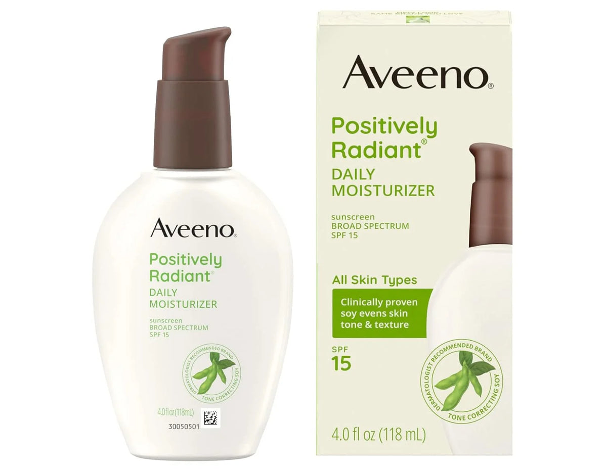 Aveeno Positively Radiant Daily Facial Moisturizer with Broad Spectrum SPF 15 Sunscreen & Total Soy Complex for Even Tone & Texture, Hypoallergenic, Oil-Free & Non-Comedogenic, 4 fl. oz