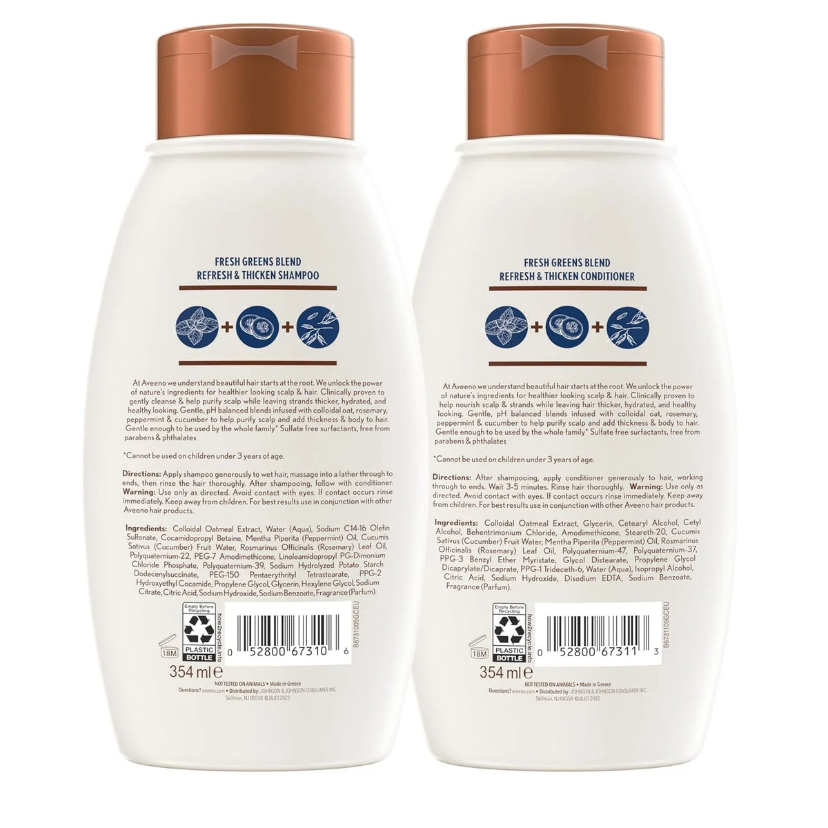 Aveeno Fresh Greens Shampoo and Conditioner Set,Sulfate Free,Clarifying & Volumizing for Thin or Fine Hair,Rosemary Peppermint Cucumber Nourish & Thicken,Color Safe Paraben Free,12 Fl Oz,(Pack of 4)
