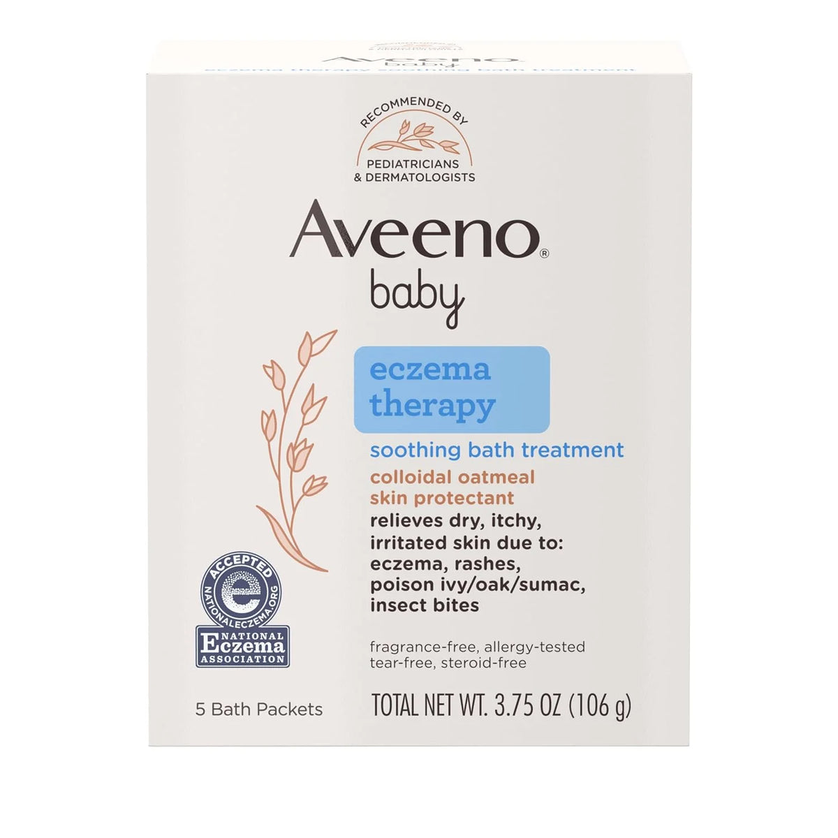 Aveeno Baby Eczema Therapy Soothing Bath Treatment for Relief of Dry, Itchy & Irritated Skin, Made with Natural Colloidal Oatmeal, Fragrance-, Paraben-, Steroid- & Tear-Free, 5 ct