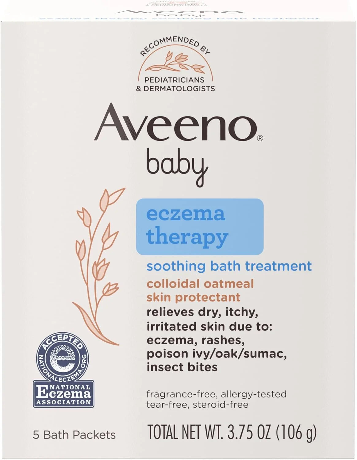 Aveeno Baby Eczema Therapy Bath Treatment for Relief of Dry, Itchy and Irritated Skin, Made with Soothing Natural Colloidal Oatmeal, Unscented, 3.75 Oz, 5 Count, Pack of 2
