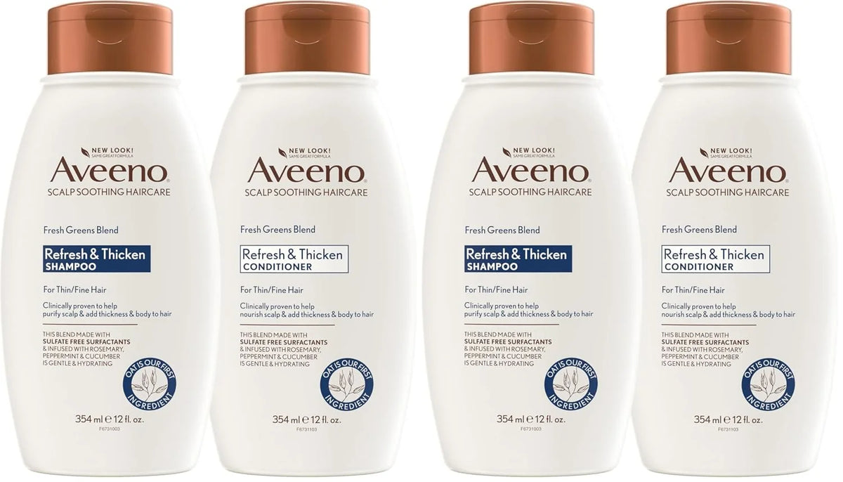 Aveeno Fresh Greens Shampoo and Conditioner Set,Sulfate Free,Clarifying & Volumizing for Thin or Fine Hair,Rosemary Peppermint Cucumber Nourish & Thicken,Color Safe Paraben Free,12 Fl Oz,(Pack of 4)