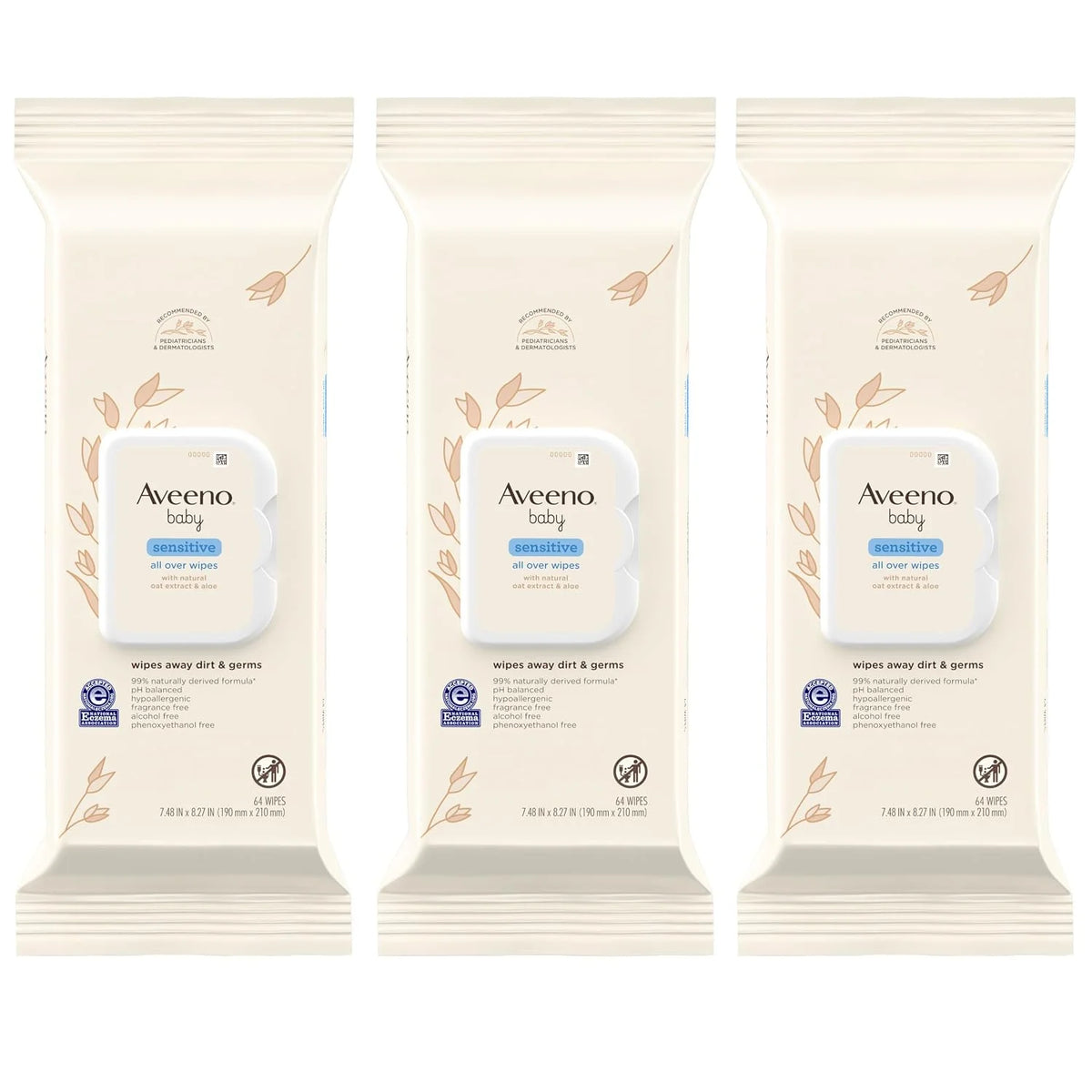 Aveeno Baby Sensitive All Over Wipes, Fragrance Free, 64 ct (Pack of 3)