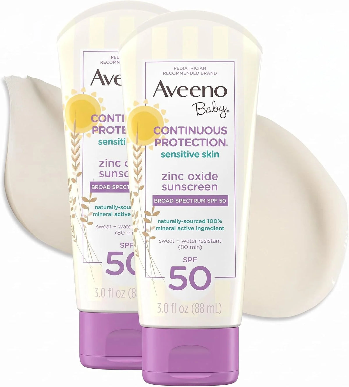 Aveeno Baby Continuous Protection Zinc Oxide Mineral Sunscreen Lotion for Sensitive Skin,Broad Spectrum SPF 50,Tear-Free,Sweat- & Water-Resistant,Paraben-Free,Travel-Size,3 fl. oz,(Pack of 2)