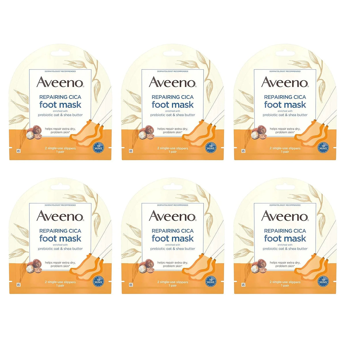 Aveeno Repairing CICA Foot Mask with Prebiotic Oat and Shea Butter, Moisturizing Foot Mask for Extra Dry Skin, 6 Pairs of Single-Use Slippers