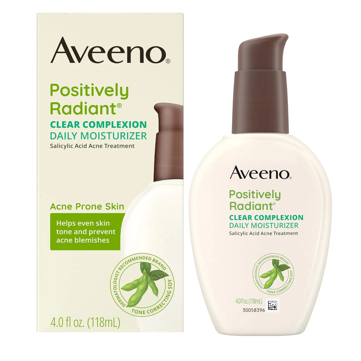 Aveeno Positively Radiant Clear Complexion & Acne Facial Moisturizer with Soy and Salicylic Acid for Oily Skin, Hypoallergenic Formula, Paraben-Free, Non-Comedogenic, Pump, 4 FL OZ, (Pack of 2)