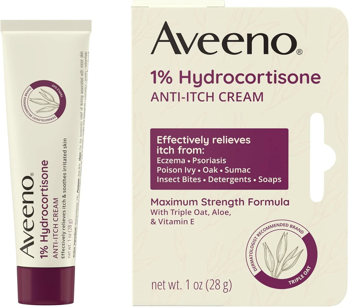 Aveeno Maximum Strength 1% Hydrocortisone Anti-Itch Cream, Triple Oat, Aloe & Vitamin E For Itch Relief From Eczema, Psoriasis, Insect Bites, Poison Ivy, Oak & Sumac & Detergents, 1 oz, 2 Pack