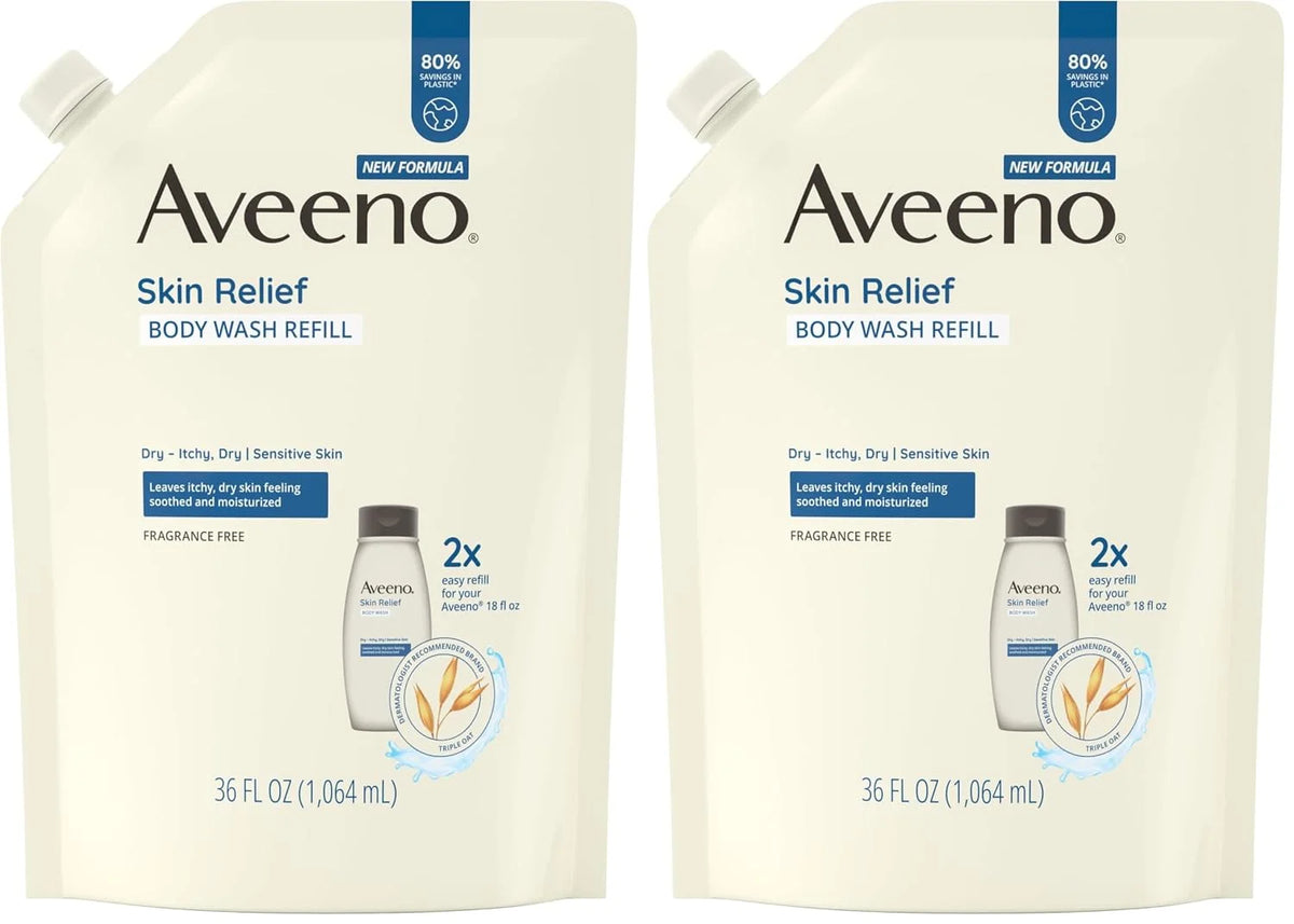 Aveeno Skin Relief-Body Wash Fragrance-Free + Triple Oat Formula,Gentle Daily Cleanser for Sensitive SkinLeaves Itchy, Dry SkinFeeling Soothed & Moisturized, Body Wash Refill, 36 fl. oz (Pack of 2)