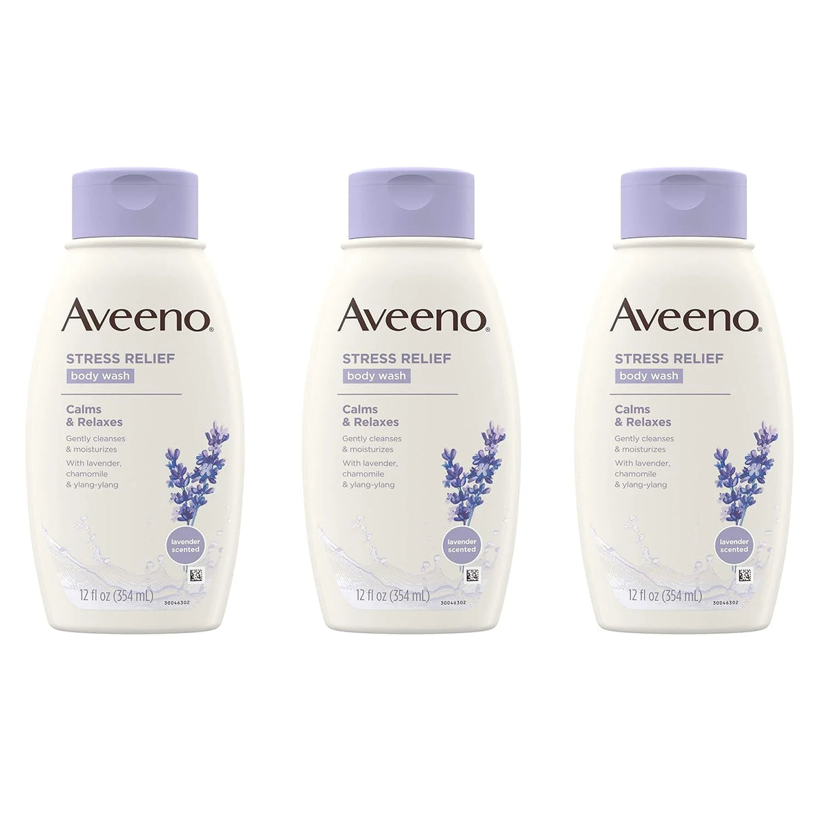Aveeno Stress Relief Body Wash with Soothing Oat, Lavender, Chamomile & Ylang-Ylang Essential Oils, Hypoallergenic, Dye-Free & Soap-Free Calming Body Wash, 12 fl. Oz (Pack of 3)
