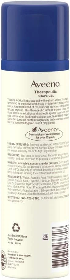 Aveeno Therapeutic Shave Gel with Oat and Vitamin E to Help Prevent Razor Bumps and Soothe Dry and Sensitive Skin, No Added Fragrances and Non-Comedogenic, 7 oz (Pack of 6)