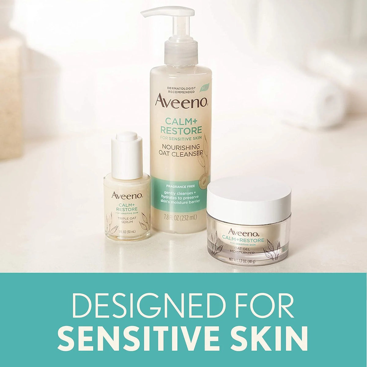 Aveeno Calm + Restore Nourishing Oat Cleanser 7.8oz with Restore Triple Oat Serum 1oz and Restore Oat Gel Moisturizer 1.7oz