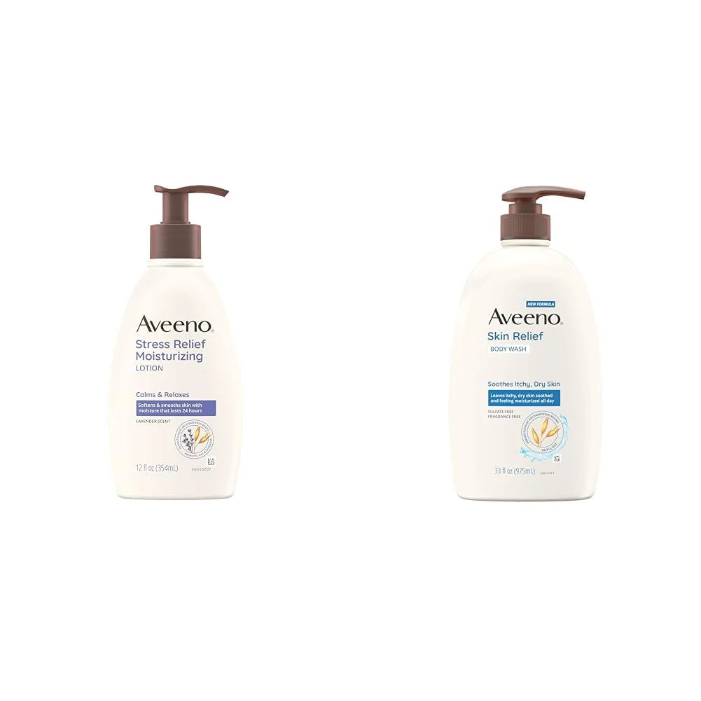 Aveeno Daily Stress Relief Lavender Body Lotion and Fragrance-Free Body Wash Bundle for Sensitive Skin, 12 fl oz and 33 fl oz