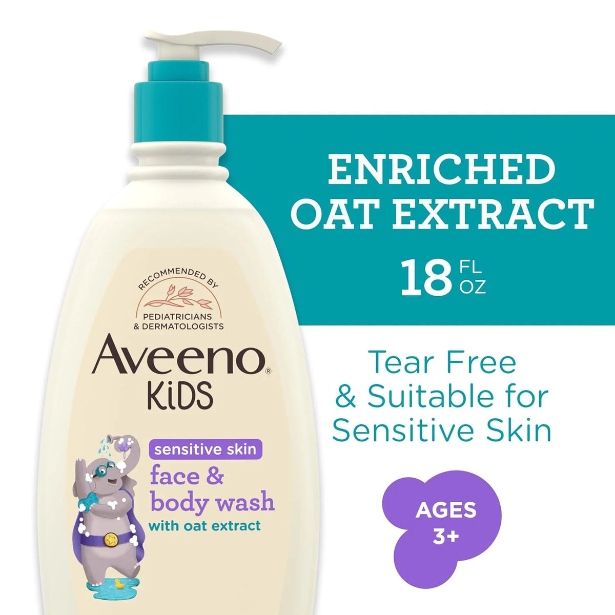 Aveeno Kids Sensitive Skin Face and Body Wash with Oat Extract,Gently Washes Away Dirt and Germs Without Drying,Tear-Free,Hypoallergenic Kids Body Wash,18 fl. oz,(Pack of 4)