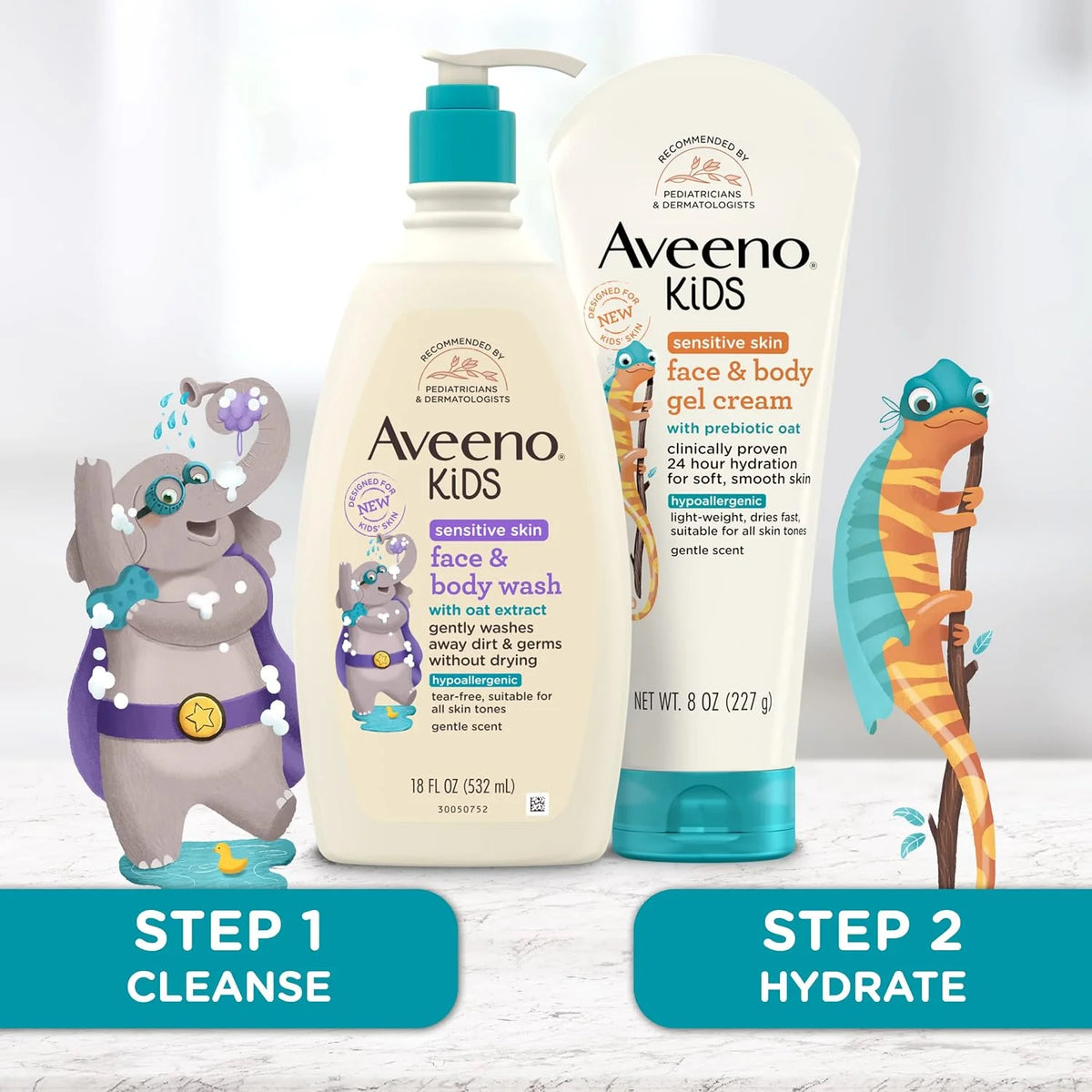 Aveeno Kids Sensitive Skin Face & Body Wash With Oat Extract, 18 fl. Oz with Aveeno Sensitive Skin Face & Body Gel Cream for Kids with Prebiotic Oat, 8 oz